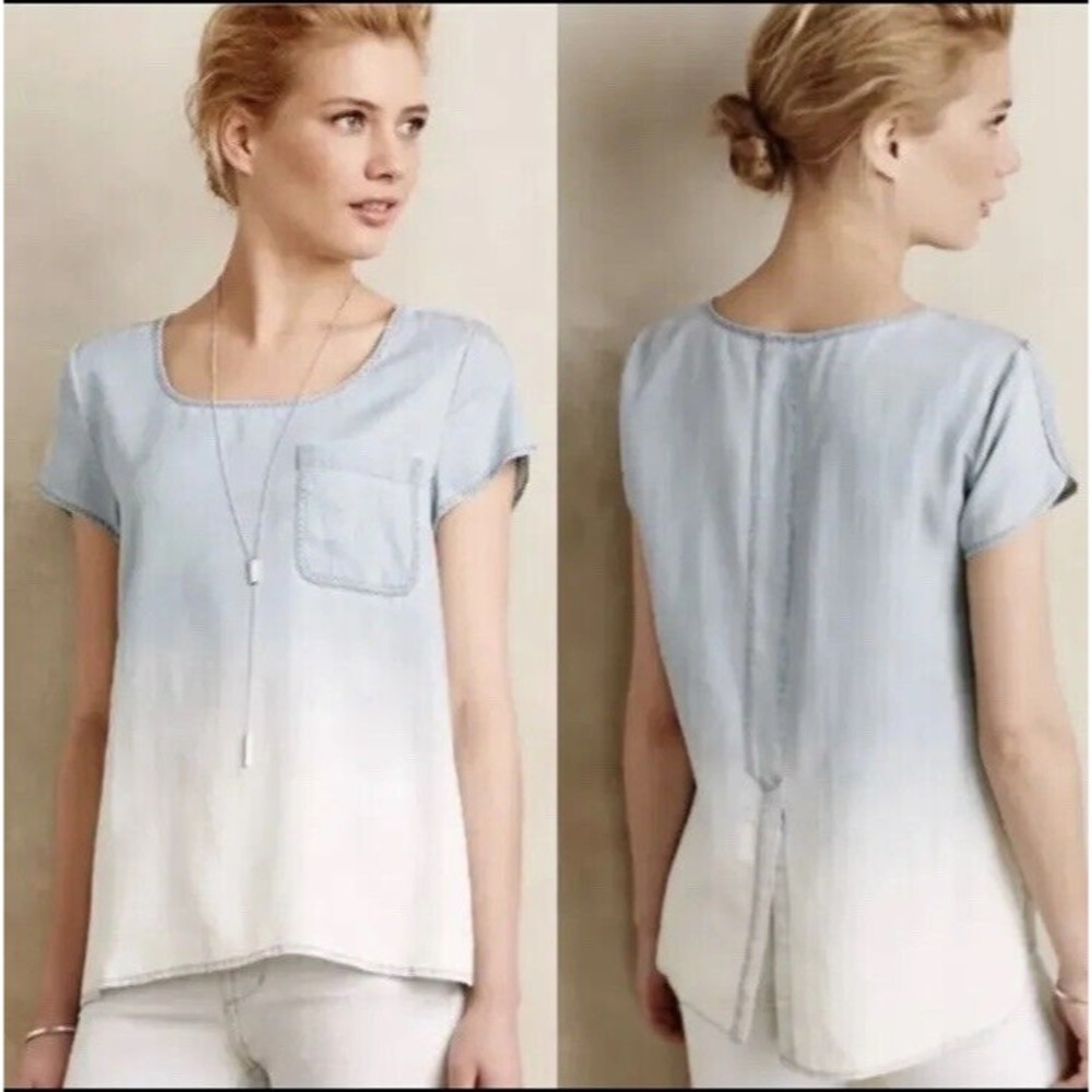 Holding Horses Anthropologie Blue Dusty Ombre Split Hem Embroidered Top